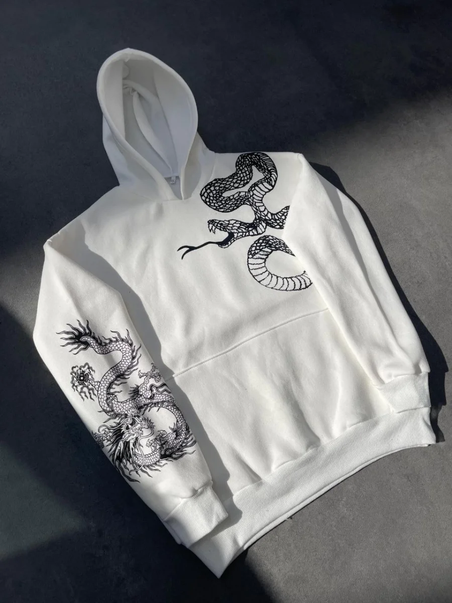 Uzun Kol Kapüşonlu Baskılı SweatShirt - Beyaz -