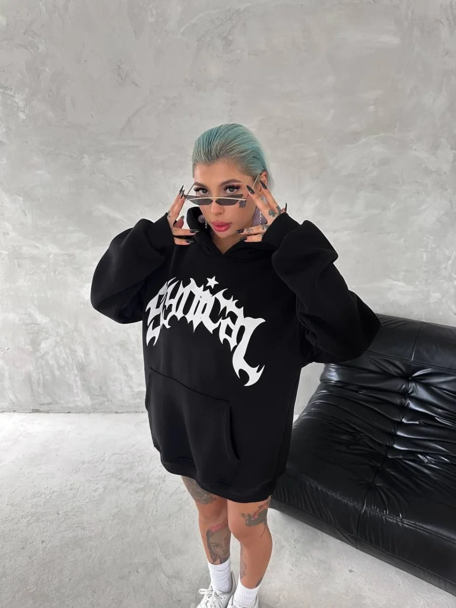 Üç İplik Kapüşonlu Baskılı SweatShirt - Siyah -