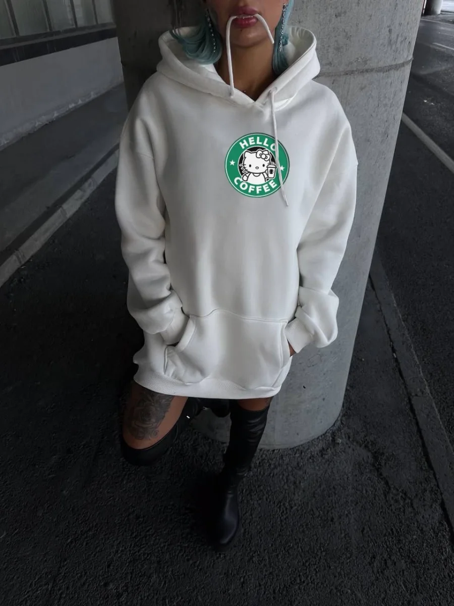 Üç İplik Penye Uzun Kol Kapüşonlu SweatShirt - Beyaz -