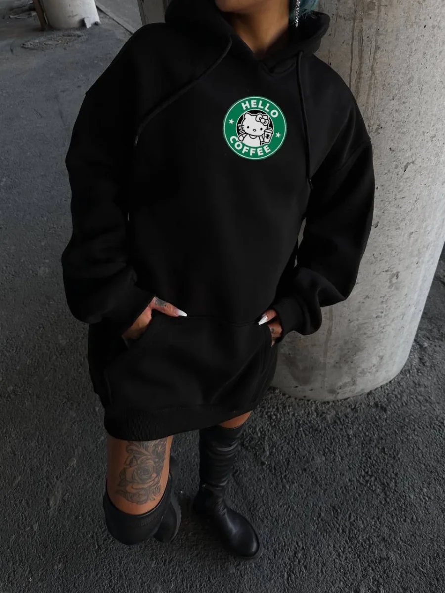 Üç İplik Penye Uzun Kol Kapüşonlu SweatShirt - Siyah -