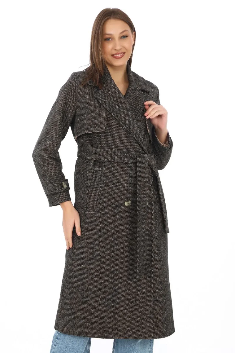 Balık Sırtı Kaşmir Uzun Kaşe Kaban - Kahverengi -