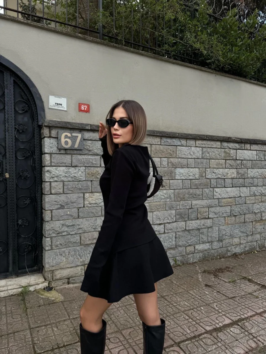 İkili Fermuarlı Hırkalı Etekli Takım - Siyah -