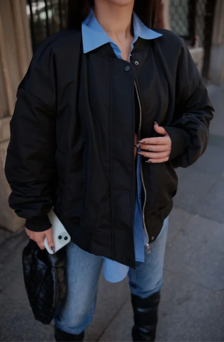 Cepli Bomber Ceket Mont - Siyah -