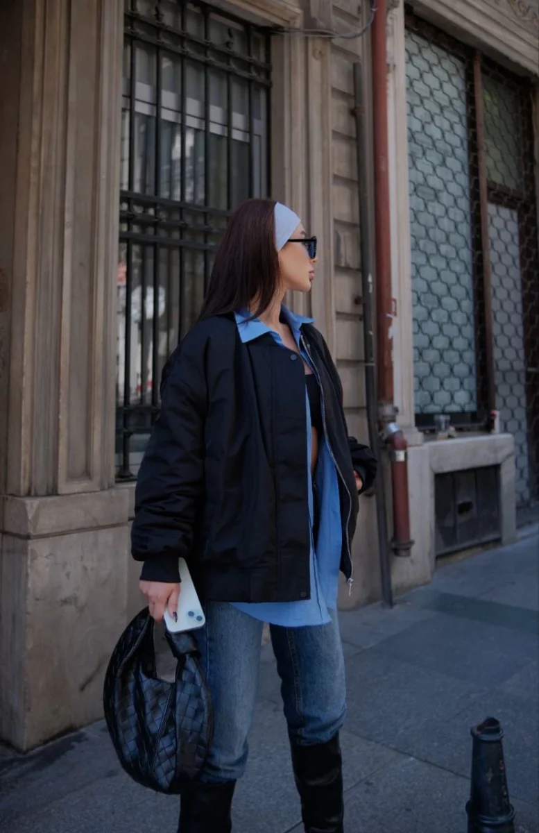 Cepli Bomber Ceket Mont - Siyah -