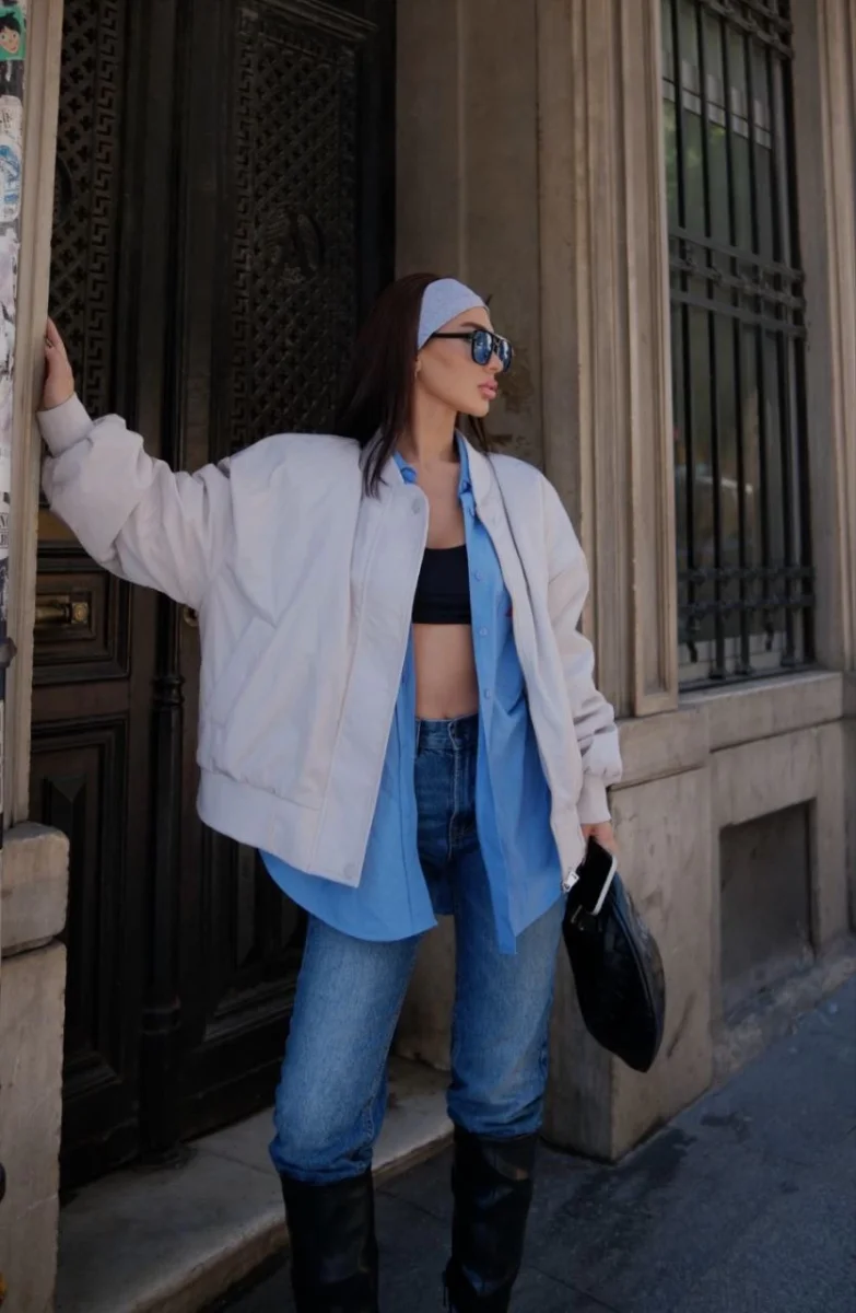 Cepli Bomber Ceket Mont - Beyaz -