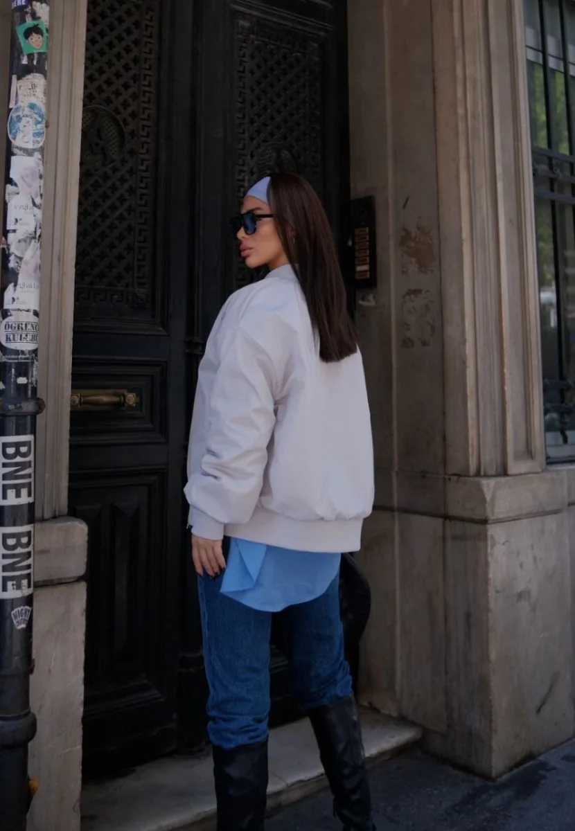 Cepli Bomber Ceket Mont - Beyaz -