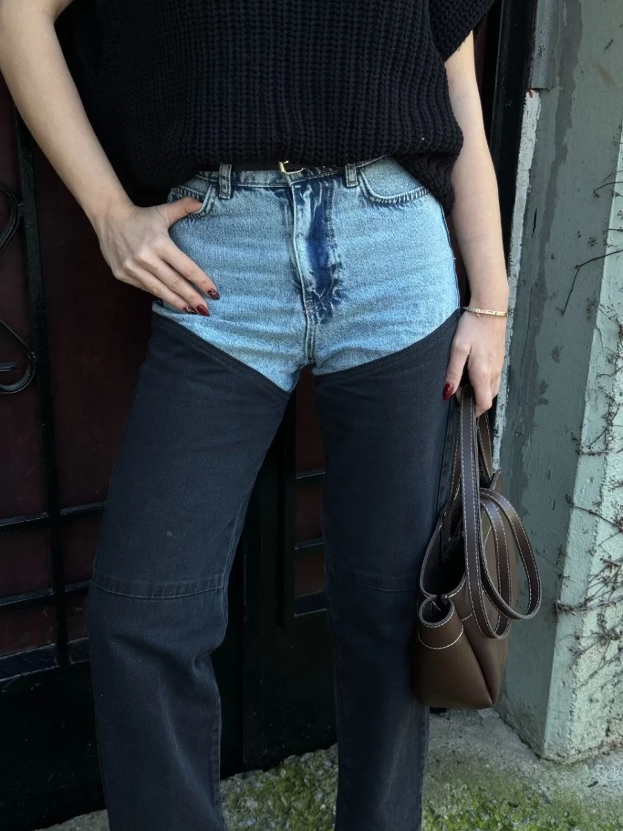 Jeans Kot Parçalı Palazzo Pantolon - Siyah -