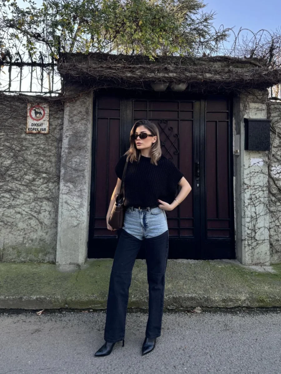 Jeans Kot Parçalı Palazzo Pantolon - Siyah -