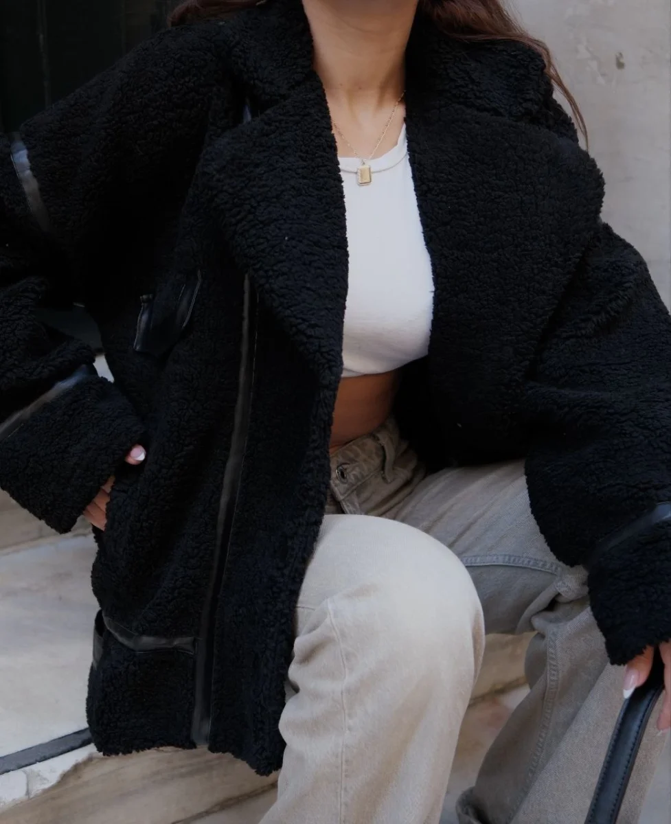 Cıt Cıt Detaylı Peluş Mont Ceket - Siyah -