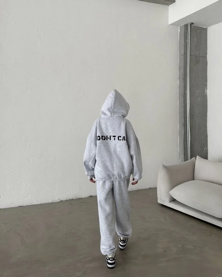 Nakış İşlemeli Üç İplik Sweat Takım- Gri -