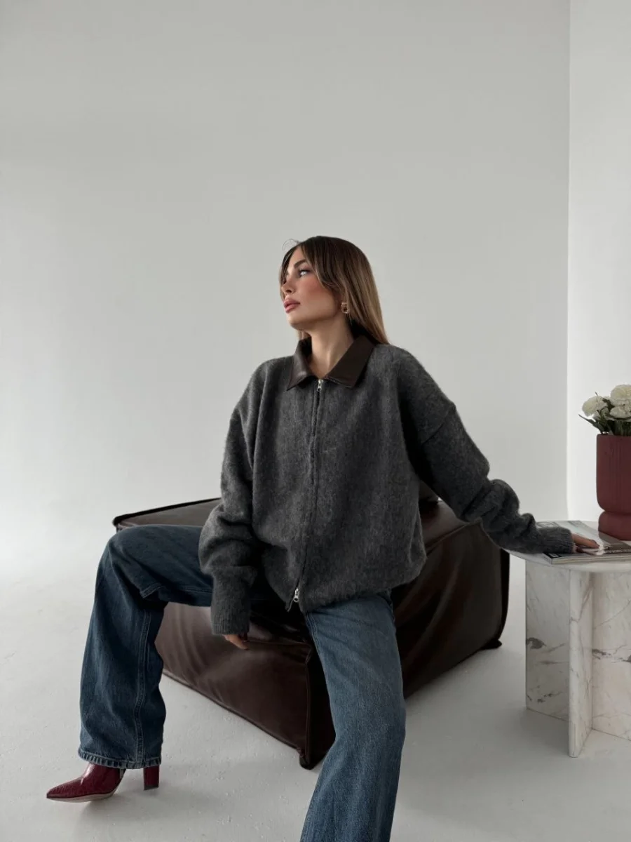 Deri Yakalı Pamuk dokulu Çift Taraflı Çalışan Fermuar Ceket - Füme -