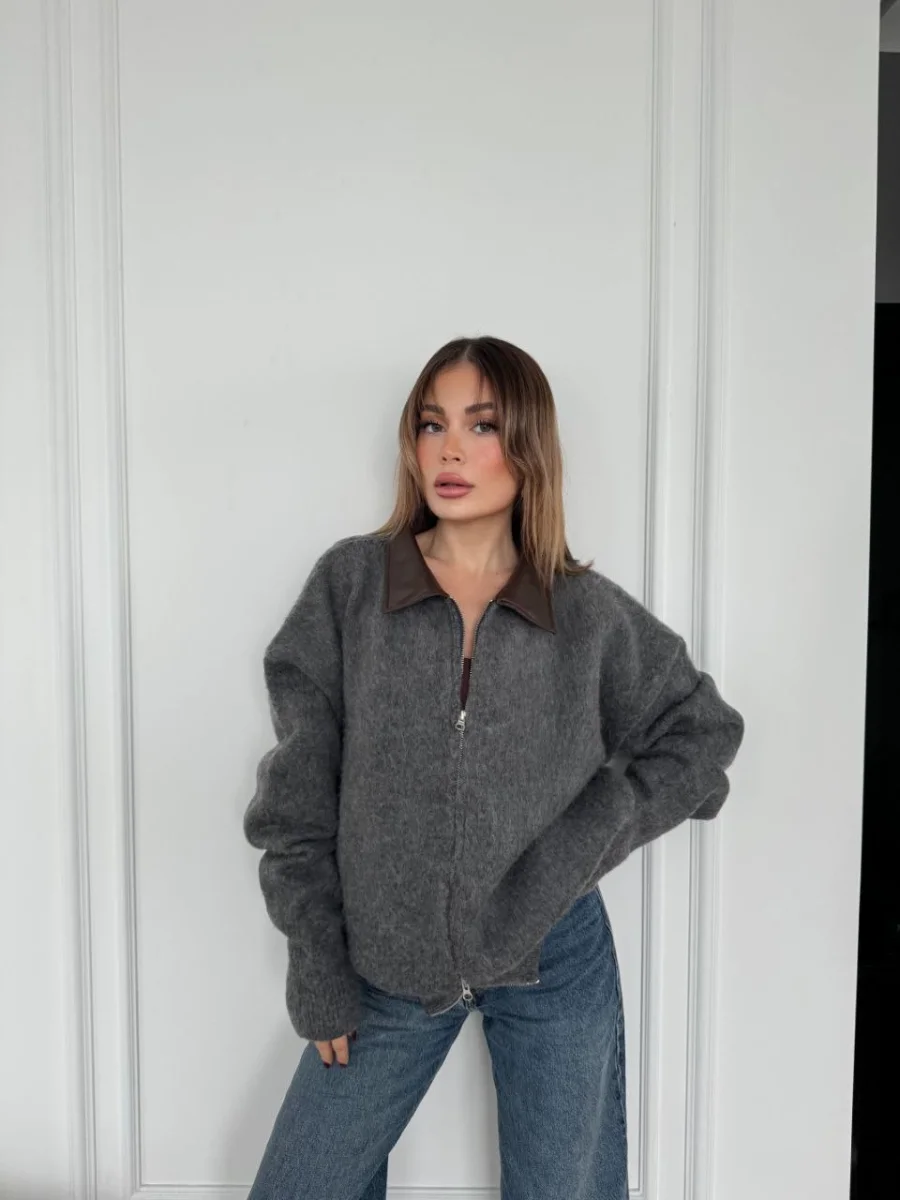 Deri Yakalı Pamuk dokulu Çift Taraflı Çalışan Fermuar Ceket - Füme -