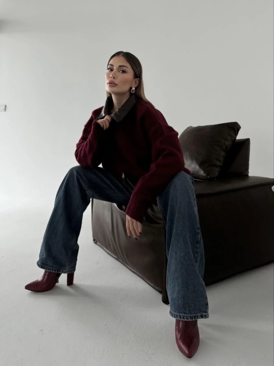 Deri Yakalı Pamuk dokulu Çift Taraflı Çalışan Fermuar Ceket - Bordo -