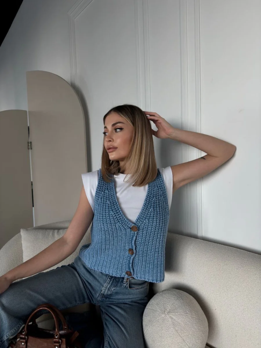 Triko Kolsuz Düğmeli Yelek - Mavi -