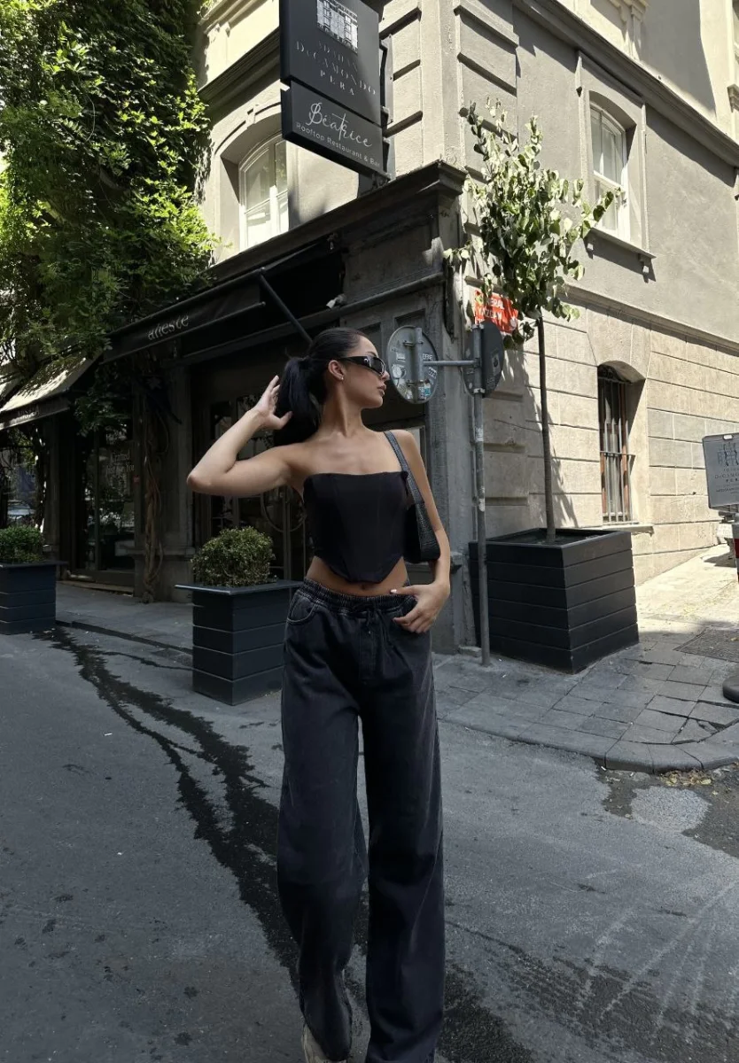 Arkadan Yırtmaçlı Jeans Kot Palazzo Pantolon - Siyah -