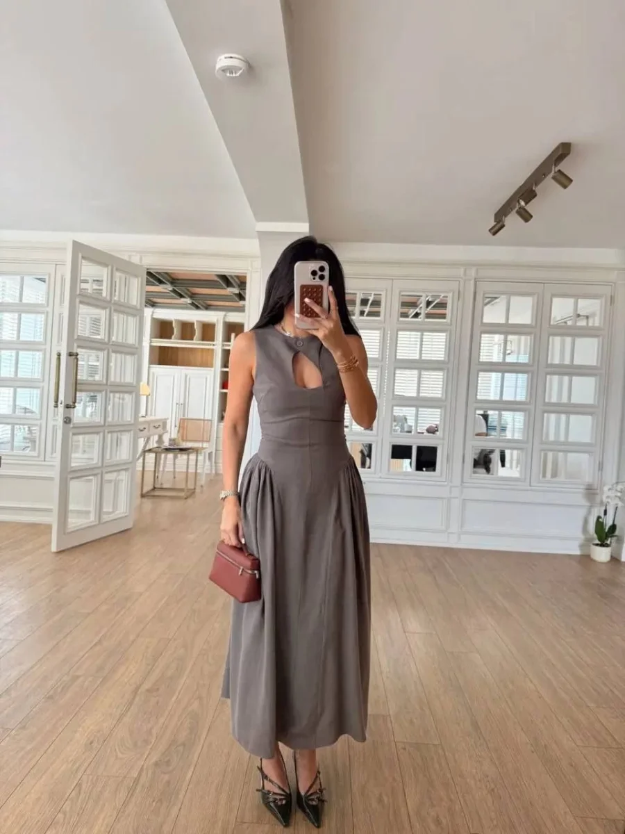 Kolsuz Uzun Kabardin Elbise - Gri -