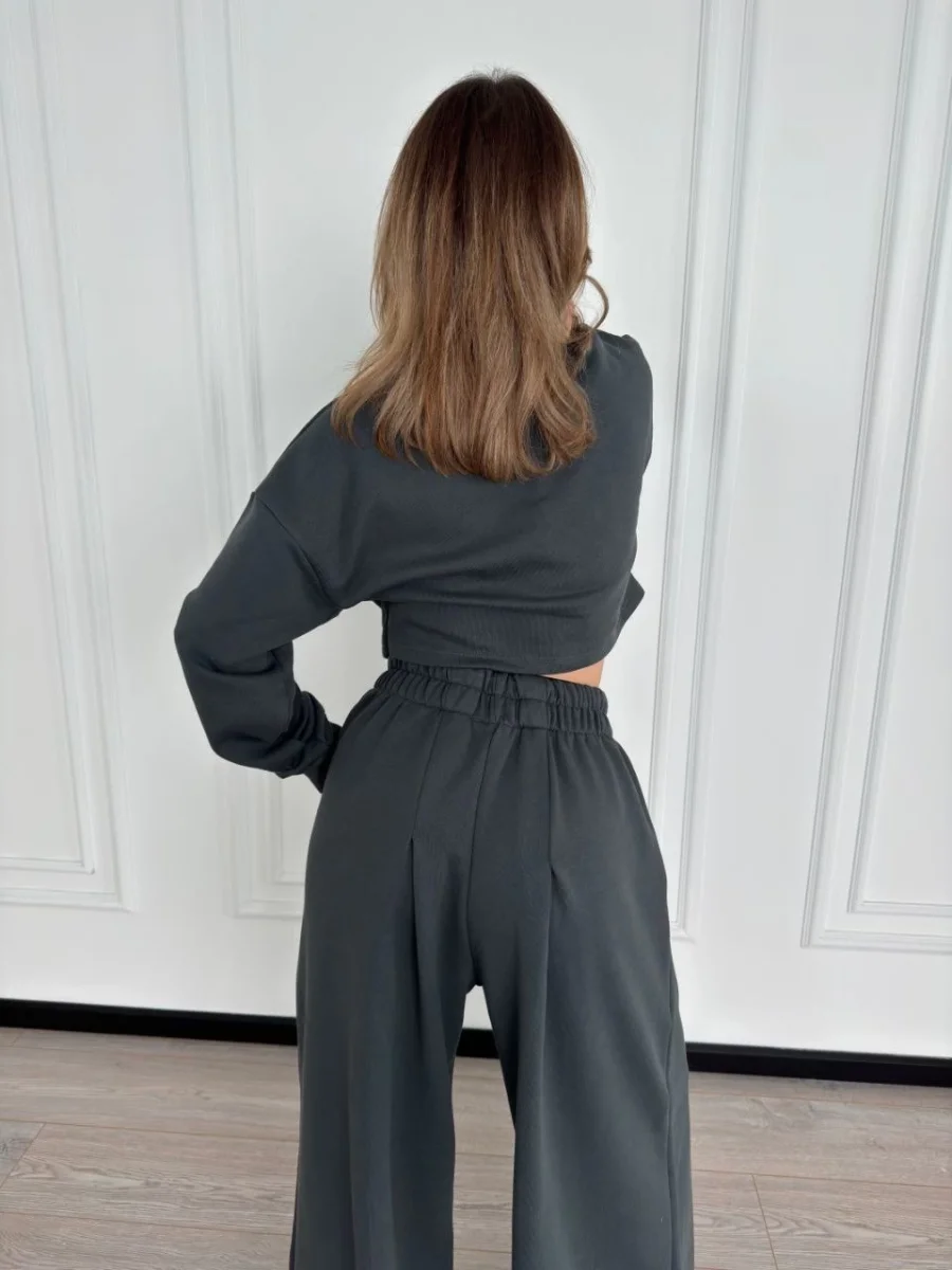 Uzun Kollu Önü İp Büzgülü Crop ve Pantolon İkili Takım - Antrasit -