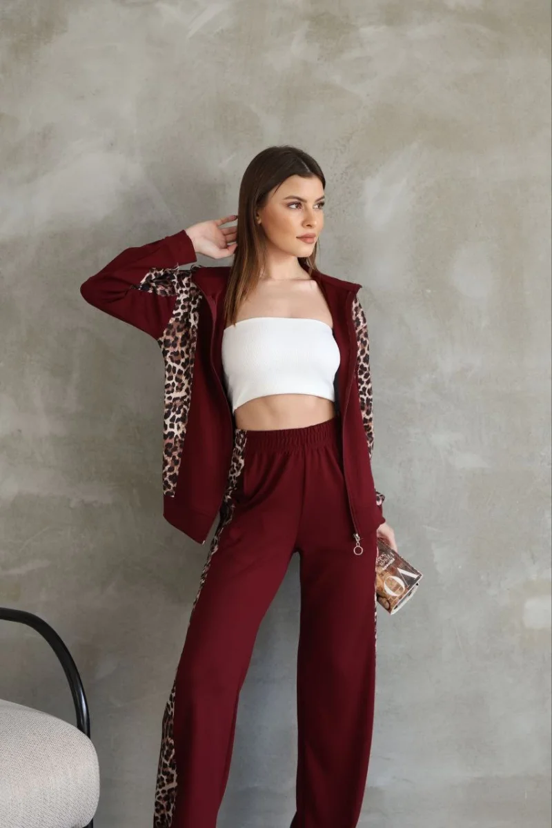 Osy Modal Yumuşak Dokulu Kumaş Kapüşonlu Leopar Desenli Fermuarlı Takım - Bordo -