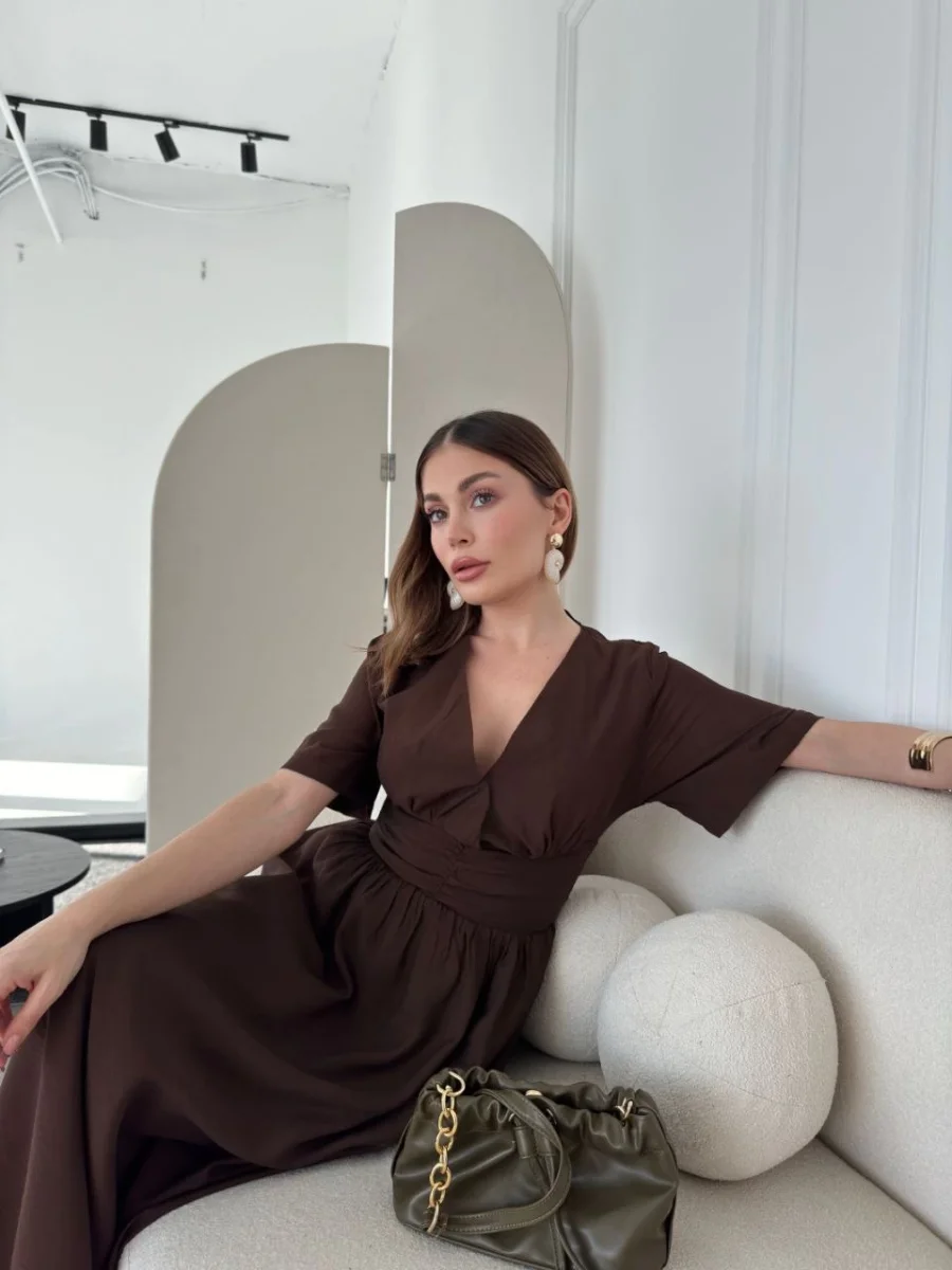 Kısa Kollu Uzun Elbise - Kahve -