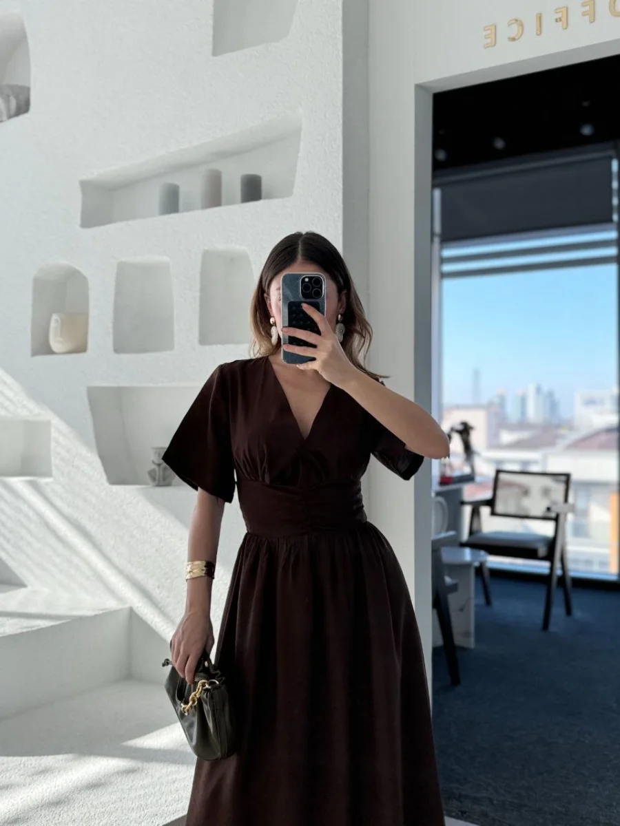 Kısa Kollu Uzun Elbise - Kahve -