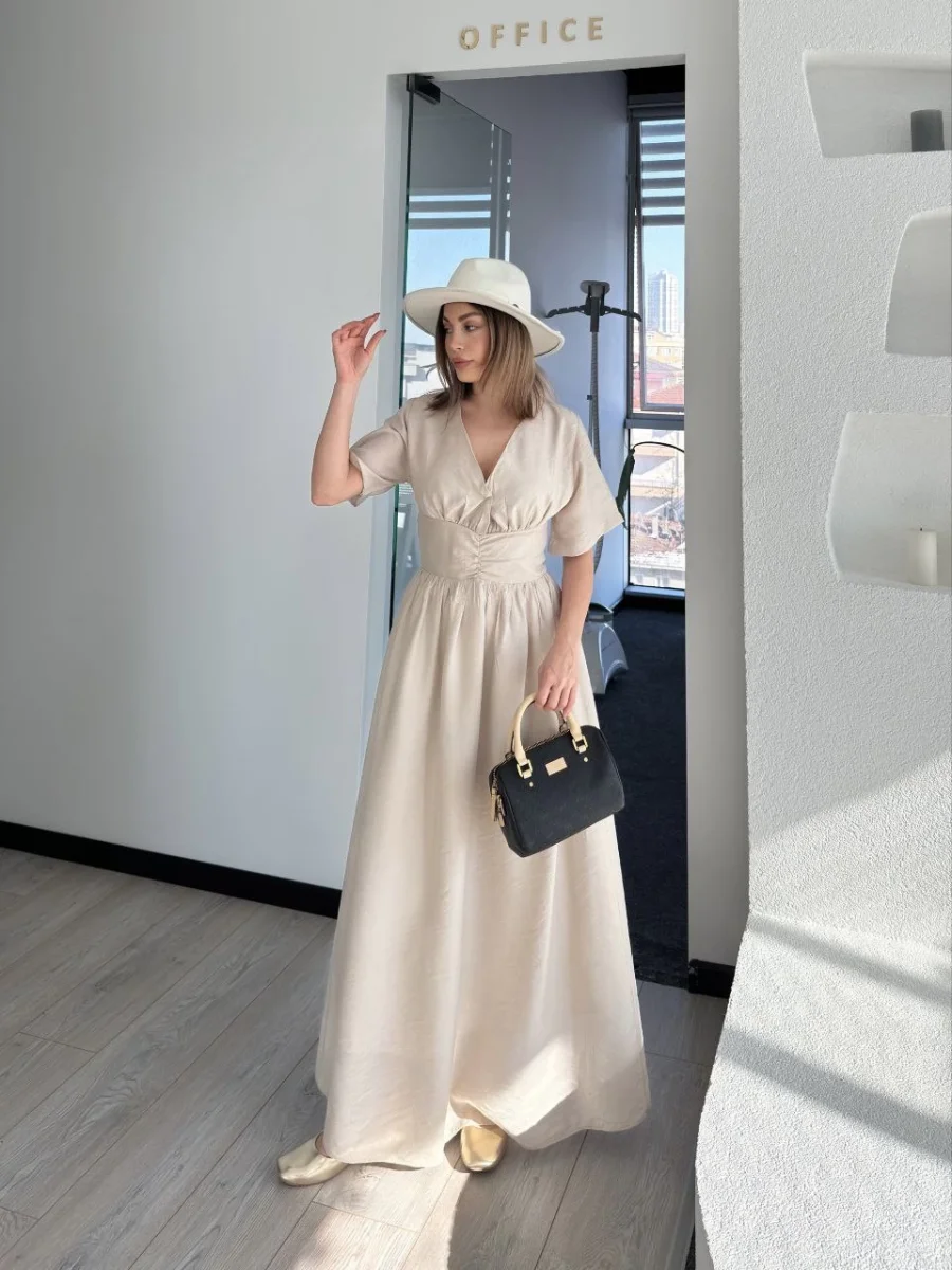 Kısa Kollu Uzun Elbise - Kırık Beyaz -