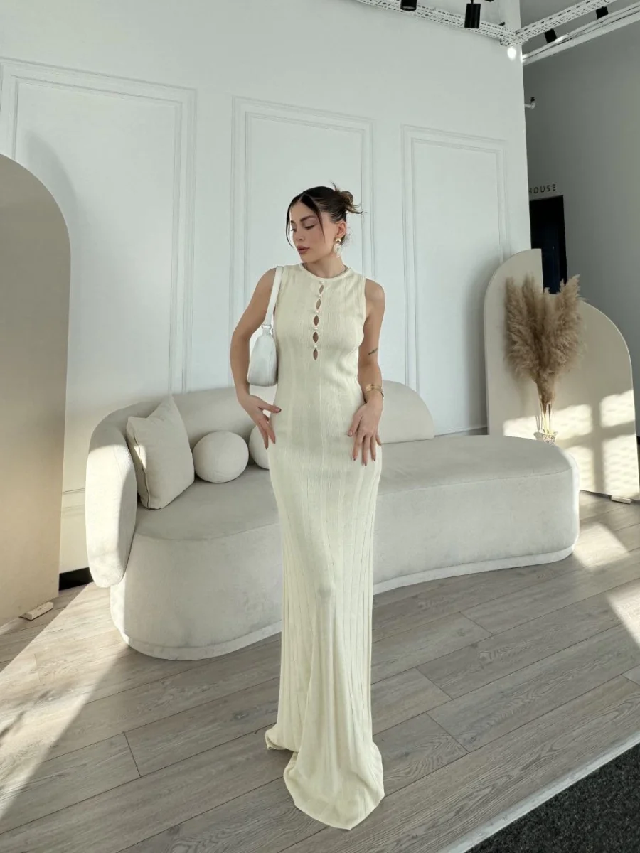 Kalın Fitilli Uzun Triko Elbise - Kırık Beyaz -