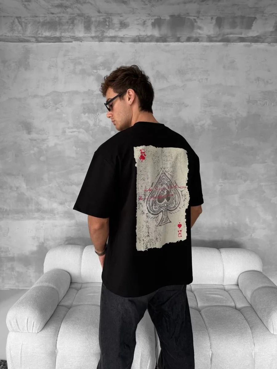 Ön ve Arka Baskılı Oversize Bisiklet Yaka T-shirt - Siyah -