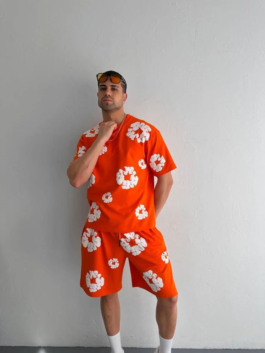 İki İplik Kumaş Baskılı T-shirt Şortlu Takım- Turuncu -
