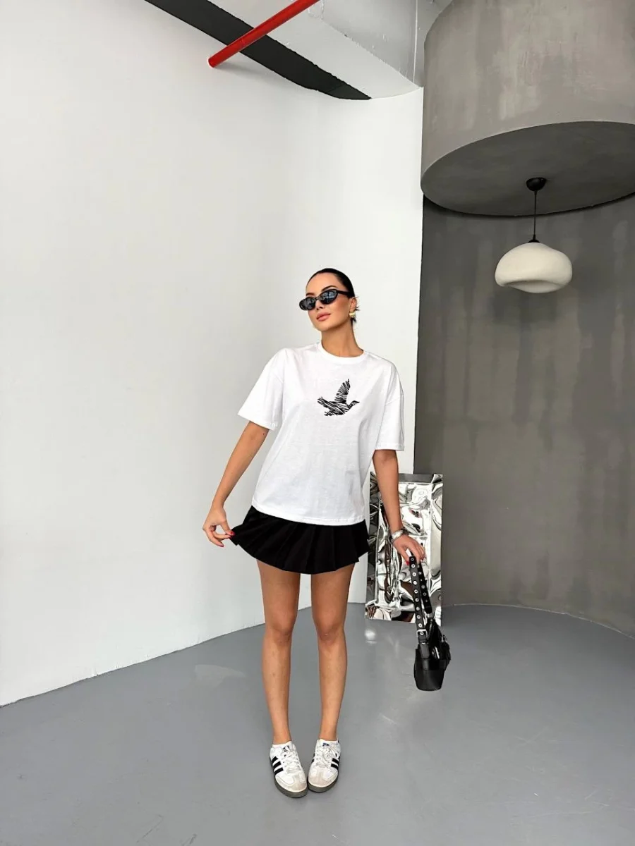 Kısa Kol Baskılı T-shirt - Beyaz -