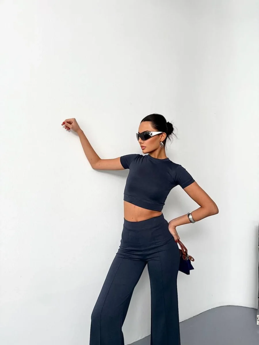 Osy Modal Yumuşak Dokulu Kumaş Kısa Kollu Crop Alt ispanyol Paça Pantalon ikili Takım - Füme -