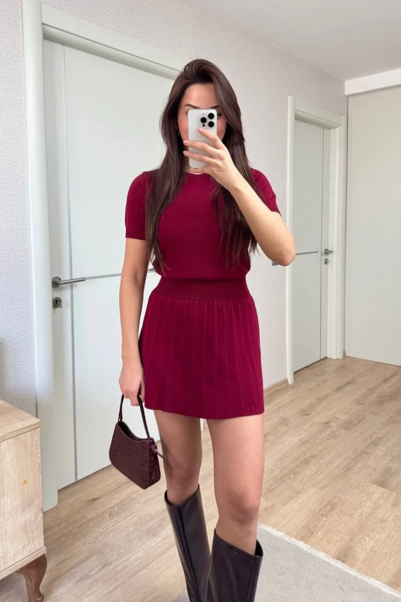Kısa Kollu Bluz Mini Etekli ikili Takım Triko - Bordo -