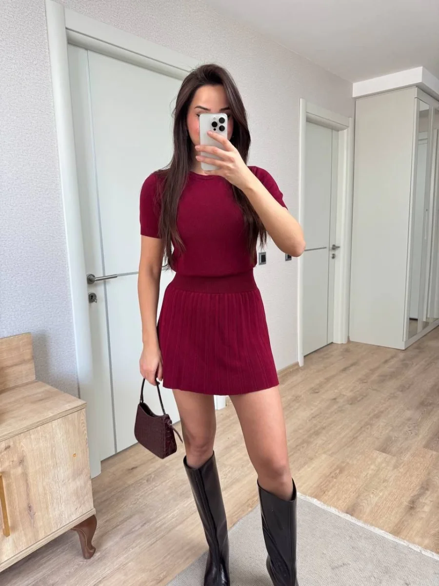 Kısa Kollu Bluz Mini Etekli ikili Takım Triko - Bordo -