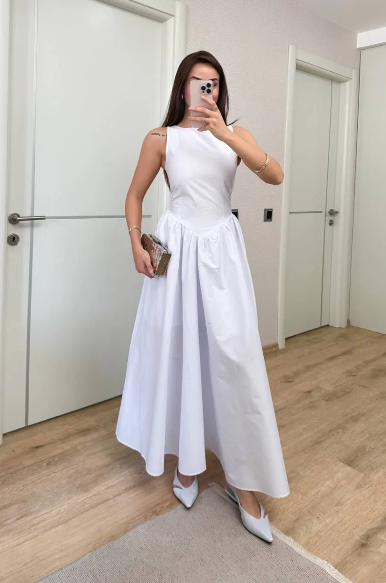 Sifir Kol Beli Oturtmalı Kolsuz Uzun Elbise - Beyaz -