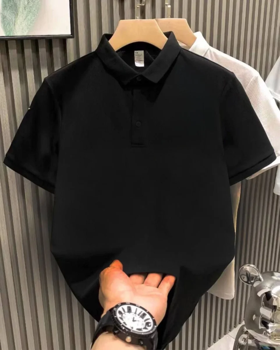 Yakası Düğmeli Yakalı Pike Düz T-Shirt - Siyah -