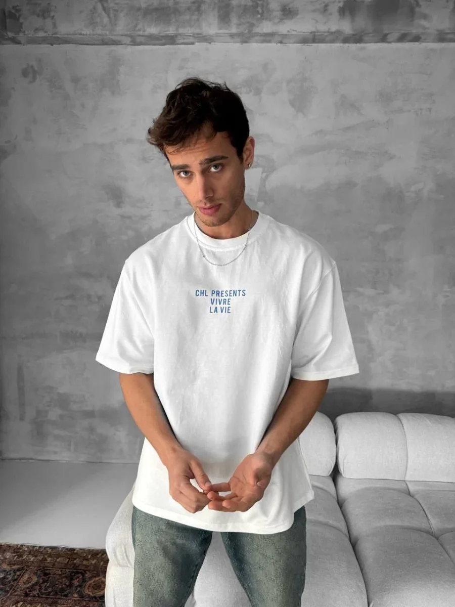 Ön ve Arka Baskılı Oversize Bisiklet Yaka T-shirt- Beyaz -