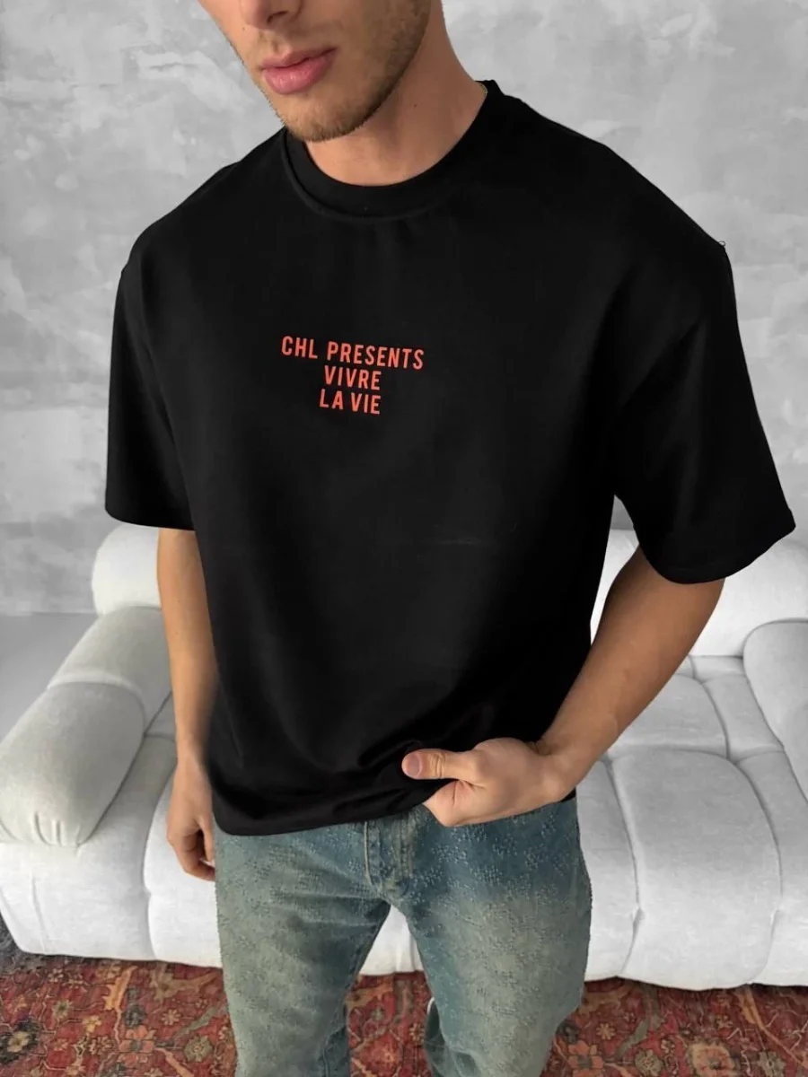 Ön ve Arka Baskılı Oversize Bisiklet Yaka T-shirt- Siyah -