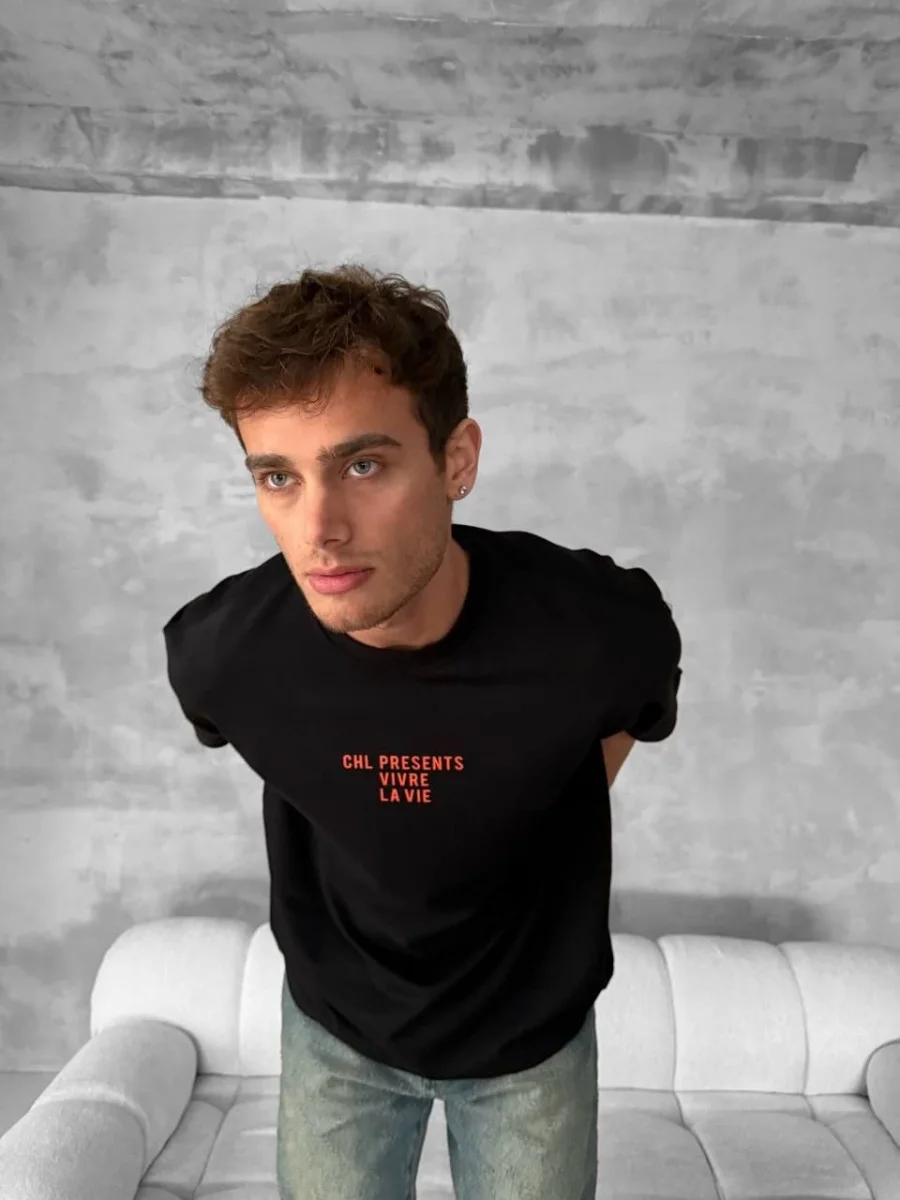 Ön ve Arka Baskılı Oversize Bisiklet Yaka T-shirt- Siyah -