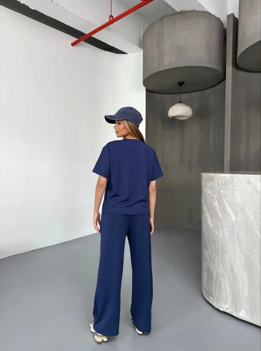 Osy Modal Yumuşak Dokulu Kumaş Kısa Kollu Bluz Rahat Pantalon ikili Takım- Lacivert -