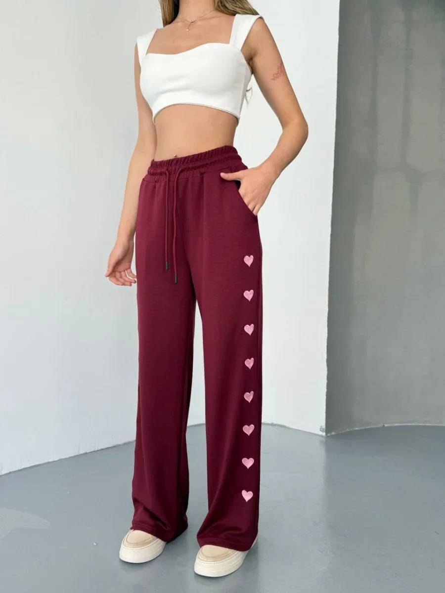 Osy Modal Yumuşak Dokulu Kumaş Nakış işlemeli Rahat Bol Paça Eşofman Pantalon - Bordo -