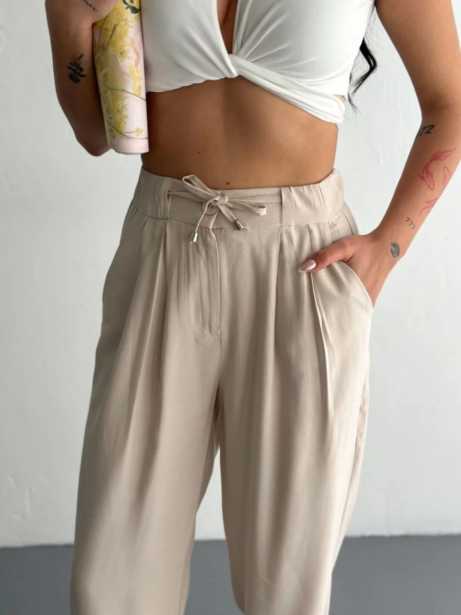 Yüksel Bel Beli Bağcıklı Rahat Boru Paça Pantalon - Kırık Beyaz -