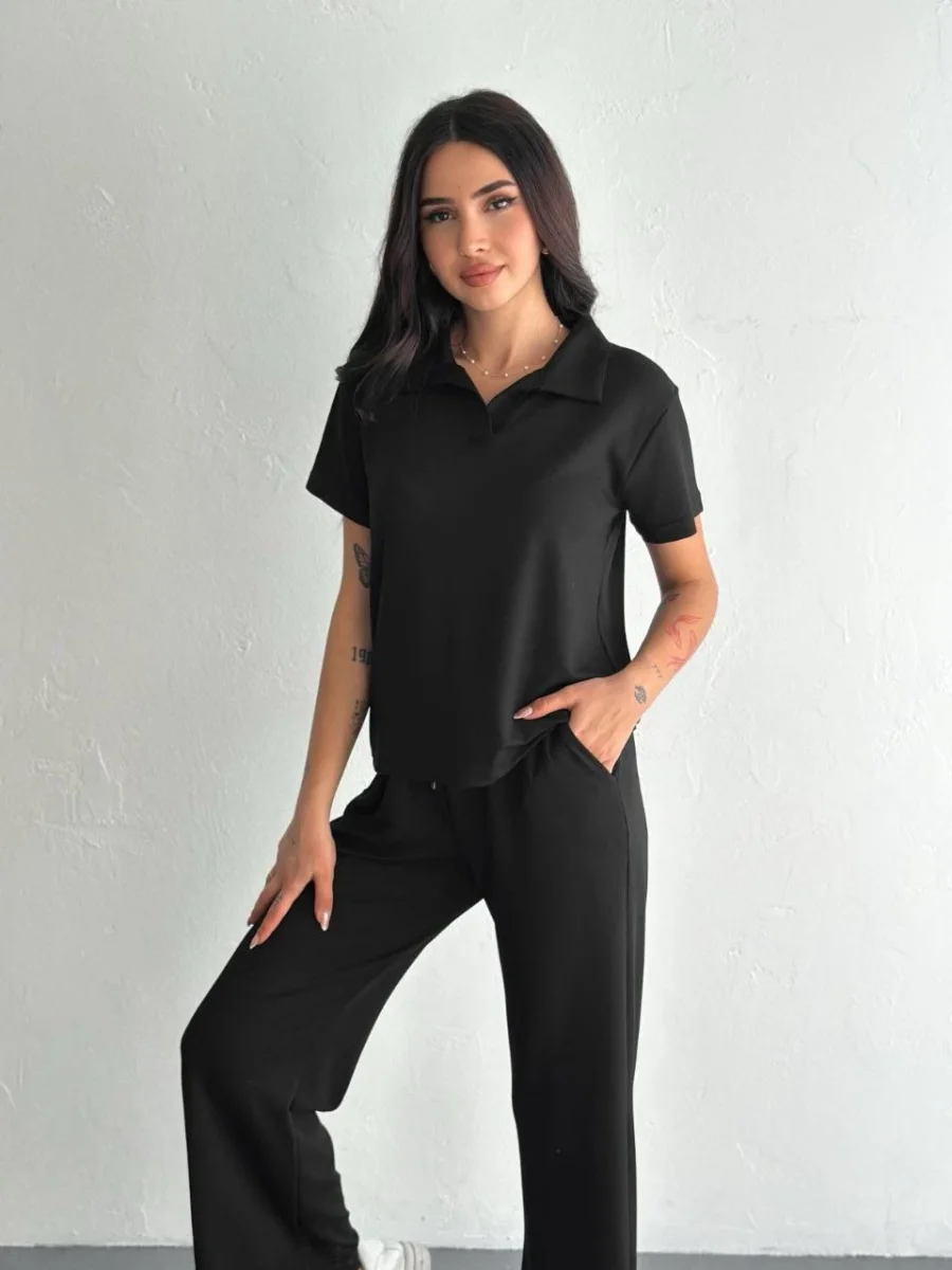 Osy Modal Yumuşak Dokulu Kumaş Kısa Kollu Yakalı T-shirt Pantalon ikili Takım- Siyah -