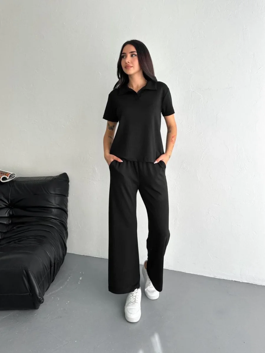 Osy Modal Yumuşak Dokulu Kumaş Kısa Kollu Yakalı T-shirt Pantalon ikili Takım- Siyah -