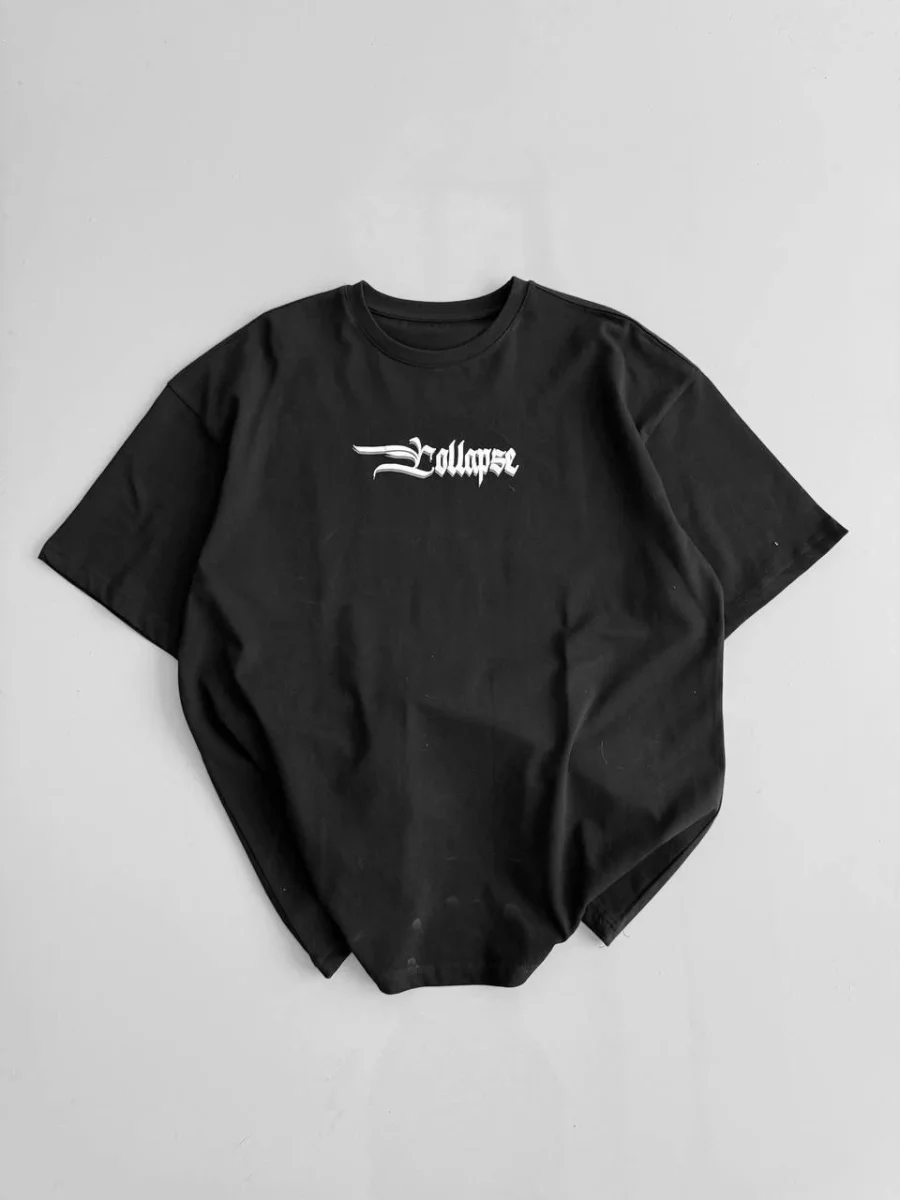 20/1 Penye Compack   Baskılı Oversize Bisiklet Yaka Kısa Kol Yazlık T-shirt - Siyah -