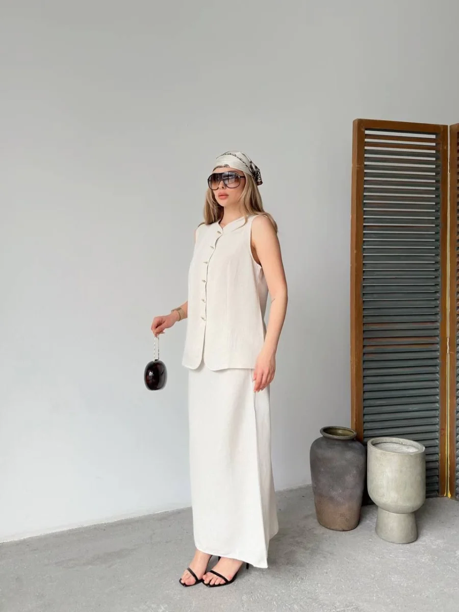 Keten Kolsuz Sıfır Yaka İlik Düğmeli Kolsuz Hırka Etek ikili Takım- Beyaz -