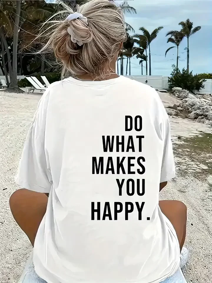 Do What Makes You Happy   Linemen Oversize Baskılı T-shirt - Beyaz -