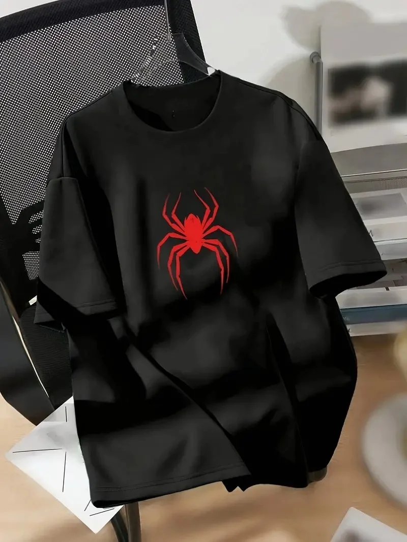 20/1 Penye Compack Spider Baskılı Oversize   Kısa Kol Yazlık T-shirt - Siyah -