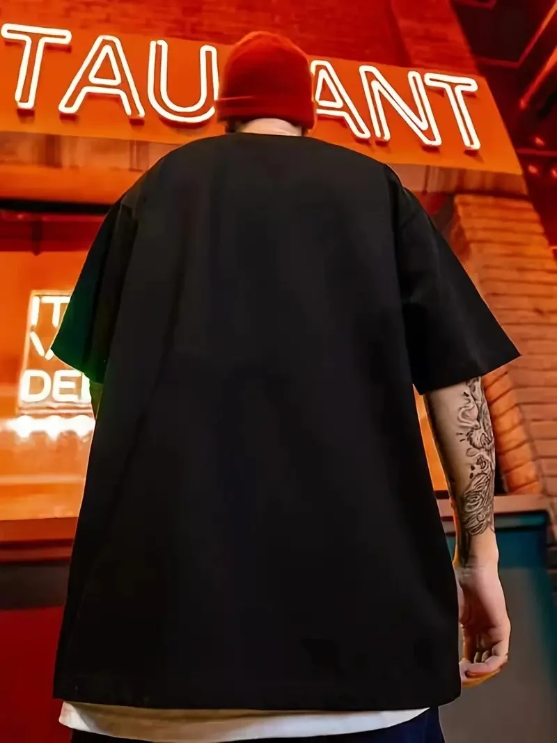 büyük beden Kart baskılı düz renk kısa kollu bisiklet yaka tişört gündelik giyim - Siyah -