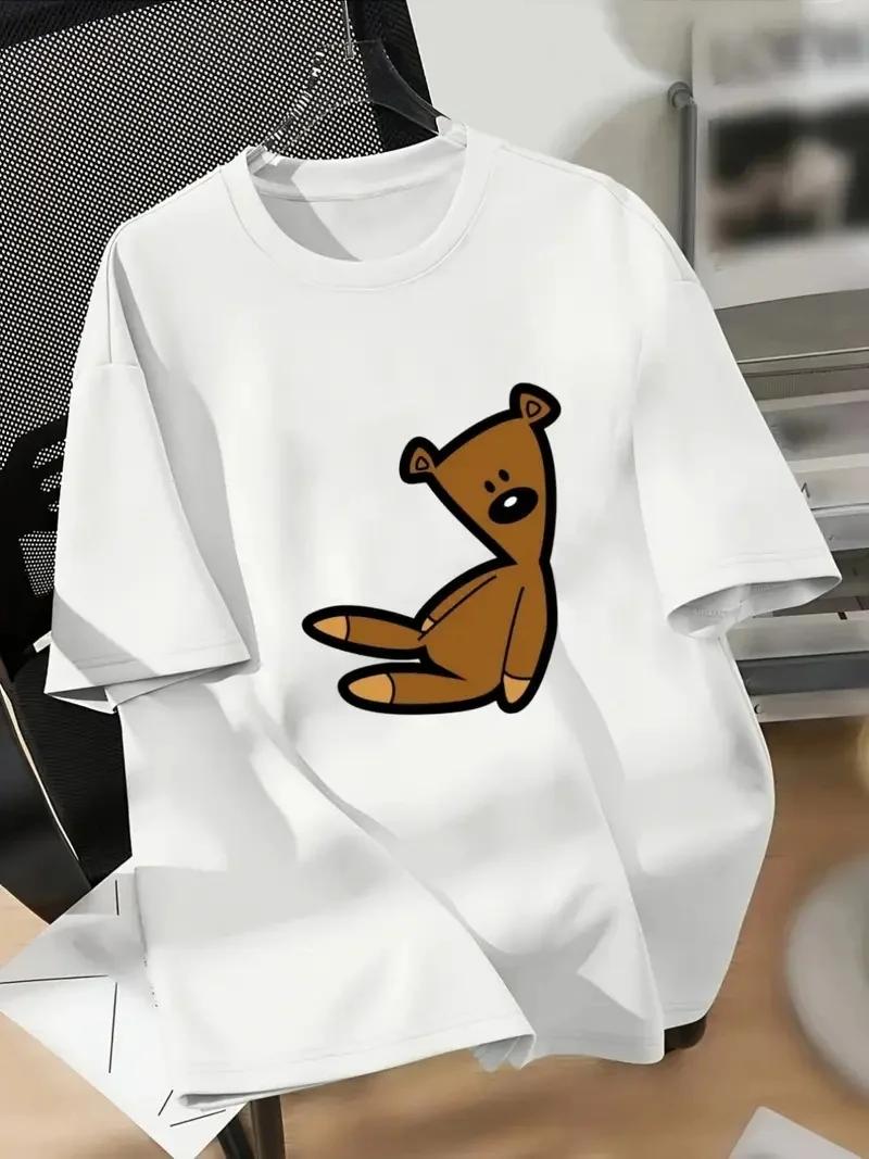 20/1 Penye Compack Ayı Baskılı Oversize Bisiklet Yaka Kısa Kol T-shirt - Beyaz -