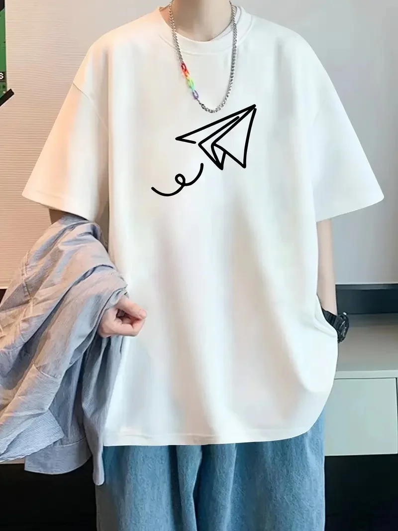 20/1 Penye Compack Uçak Baskılı Oversize Bisiklet Yaka Kısa Kol T-shirt - Beyaz -