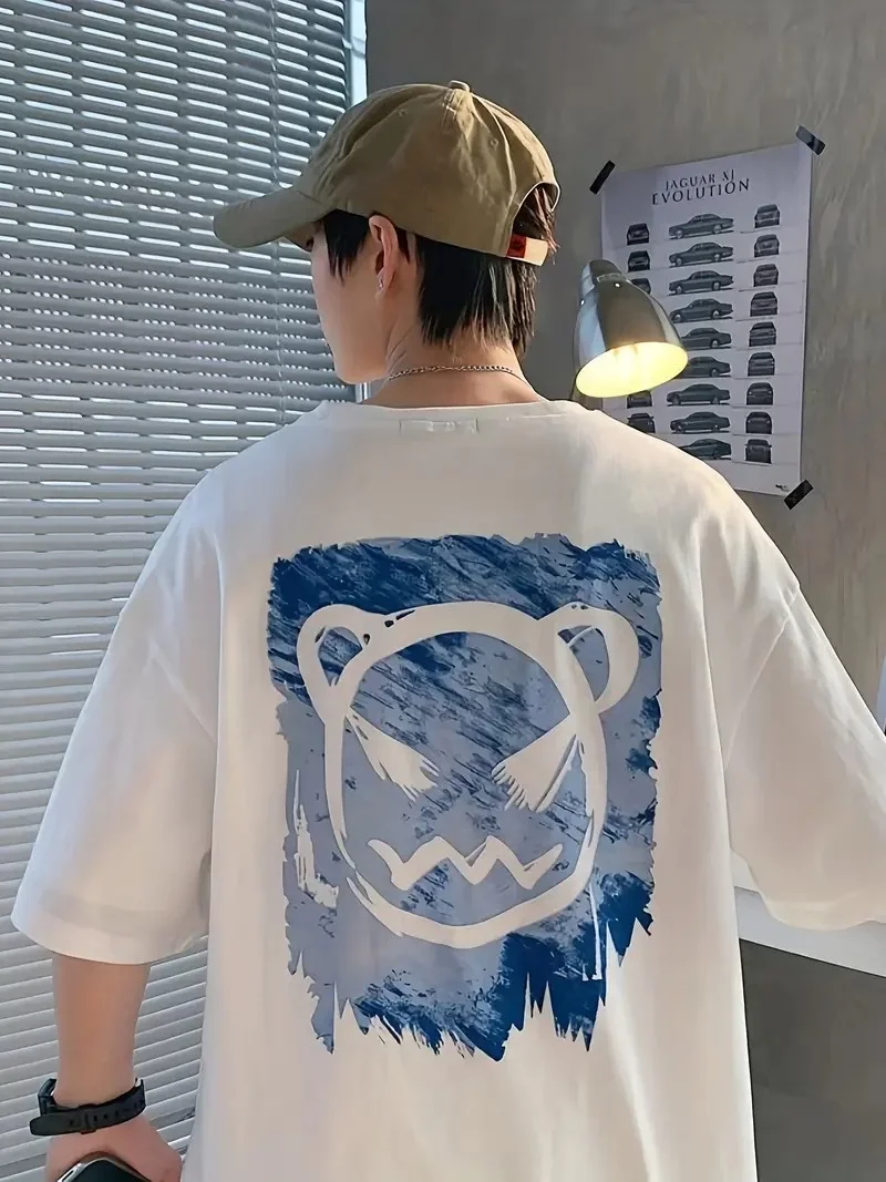 20/1 Penye Compack Bisiklet Yaka Kore tarzı sevimli ayı baskı Kısa Kol   t-shirt - Beyaz -